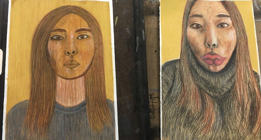 Kate's Self Portraits - graphite and pastel on wat