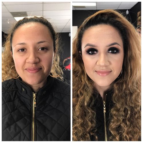 Before and After Black Smokey eye with nude lip
