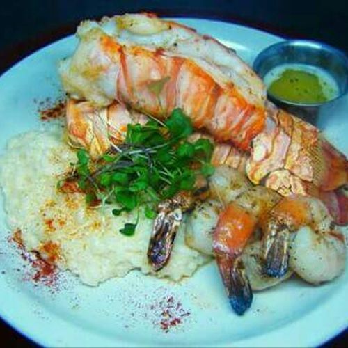 8oz butter poached lobster tail with shrimp, risot