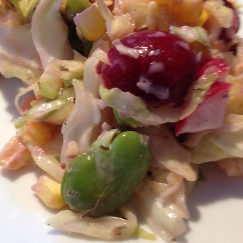 Summer coleslaw with cherry, corn, fava, fennel & 