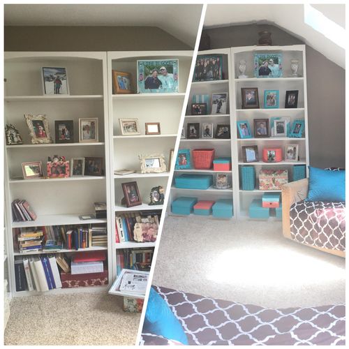 Bookcase makeover.  Re-organized items on shelves 