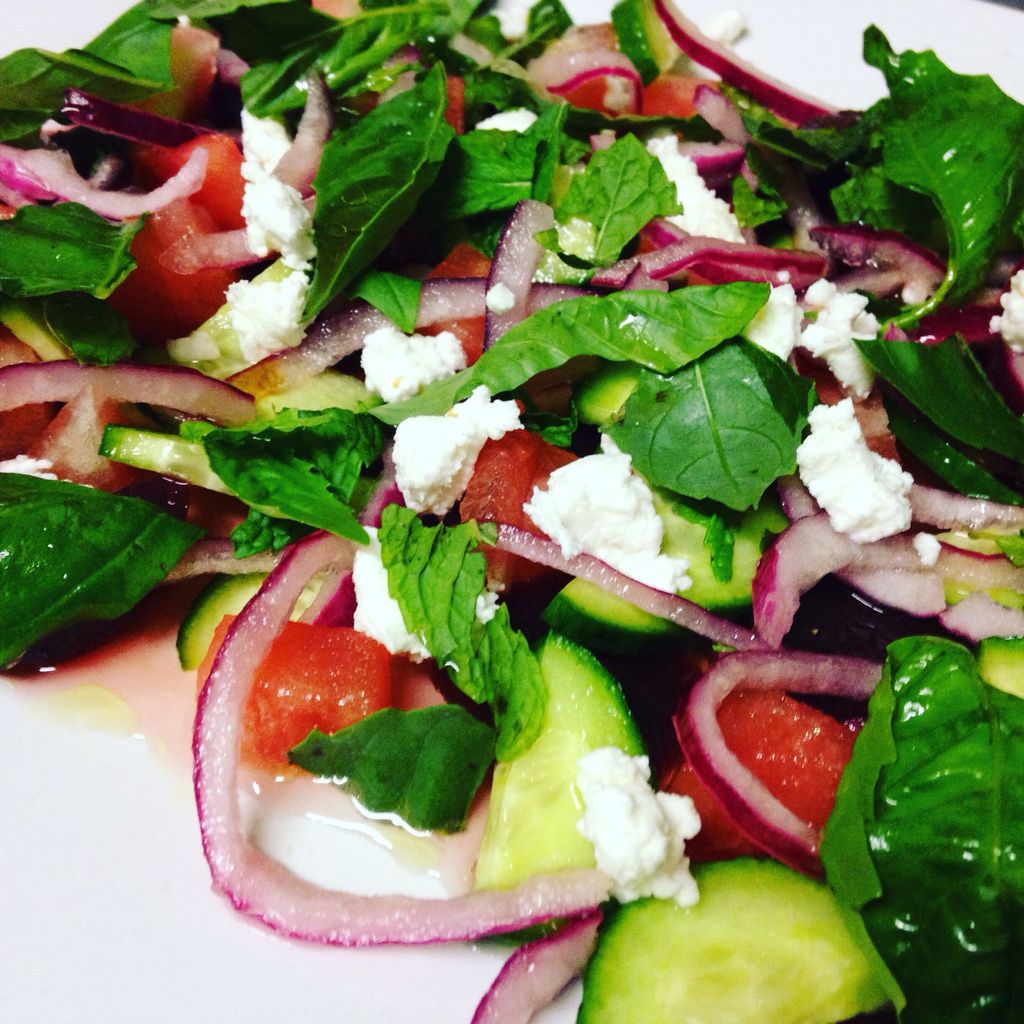 Beet, goat cheese, herb salad with sesame dressing