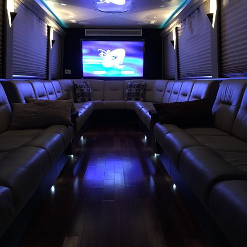 Brand-new luxury bus with bathroom and wet bar are