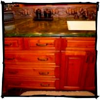 Bath:Custom back splash tile, cabinets and counter