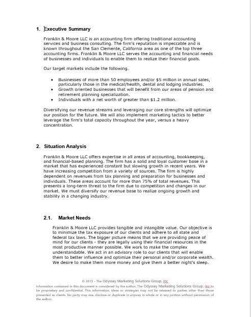 Executive summary page of business plan document