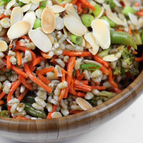 Toasted almond harvest barley salad with green bea