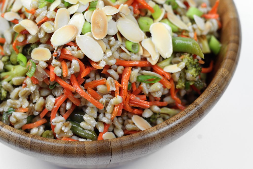 Toasted almond harvest barley salad with green bea