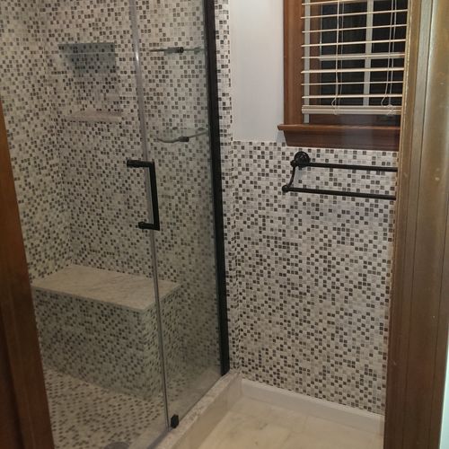 Shower, tile and floor
