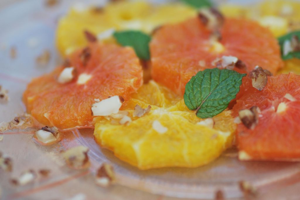 Blood orange + orange + mint + candied nuts