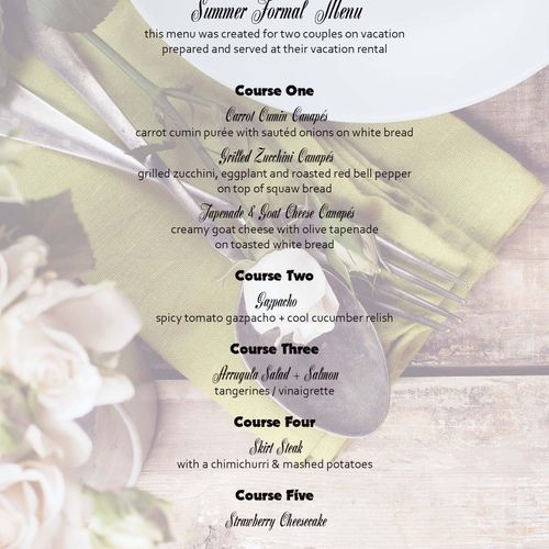 Personal Chef Menu for 2 Couple