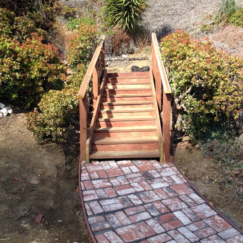 Path way, along with redwood stairs.