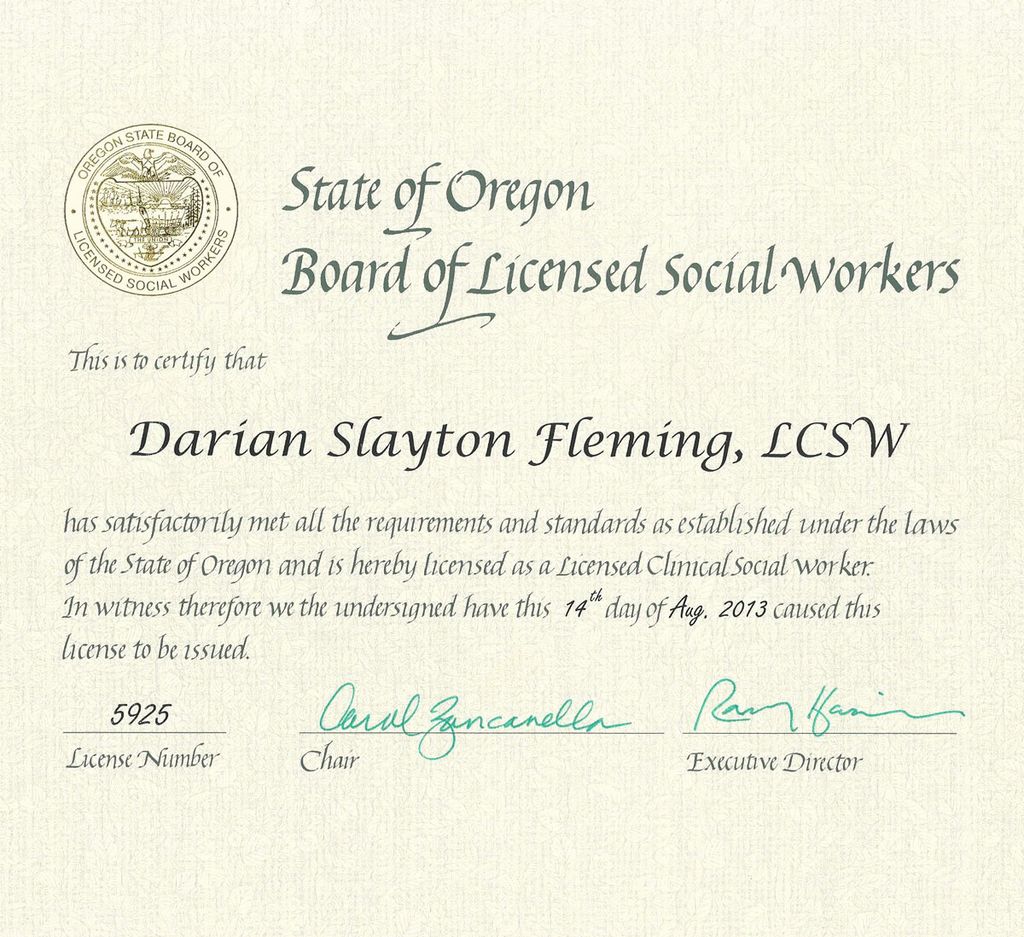 LCSW License, State of Oregon, Darian Slayton Flem