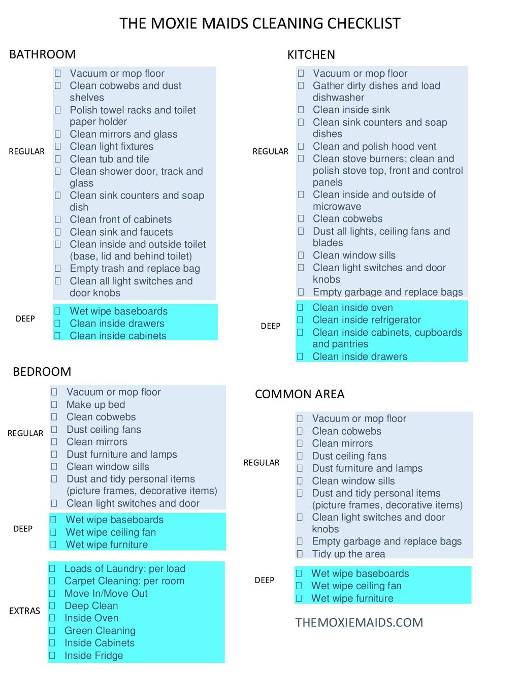 The Moxie Maids Cleaning Checklist