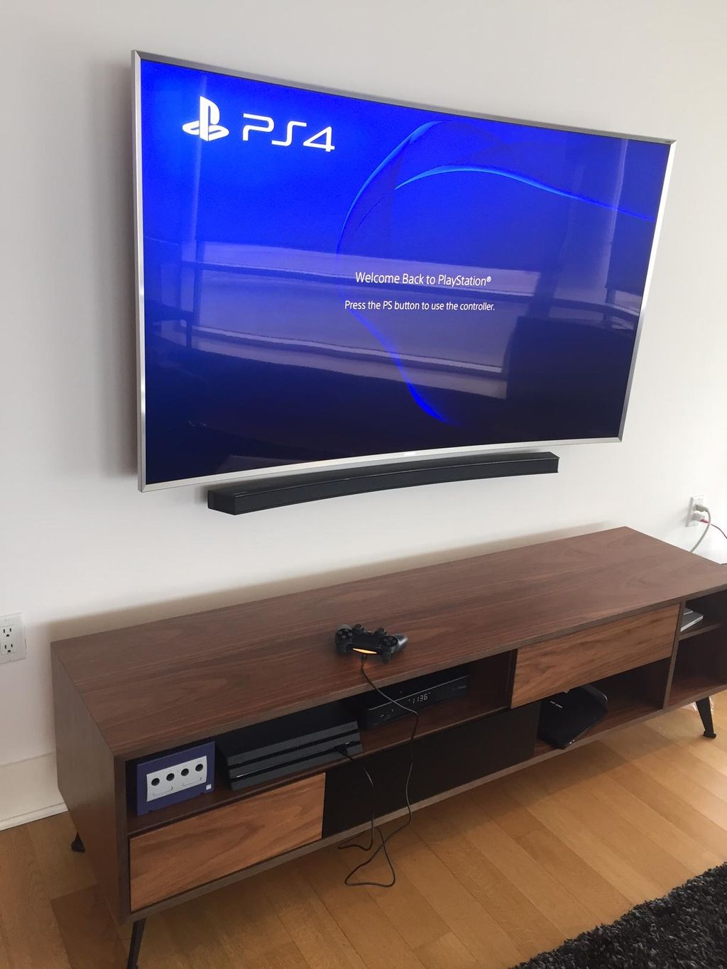 Assembled credenza, installed mounting hardware an