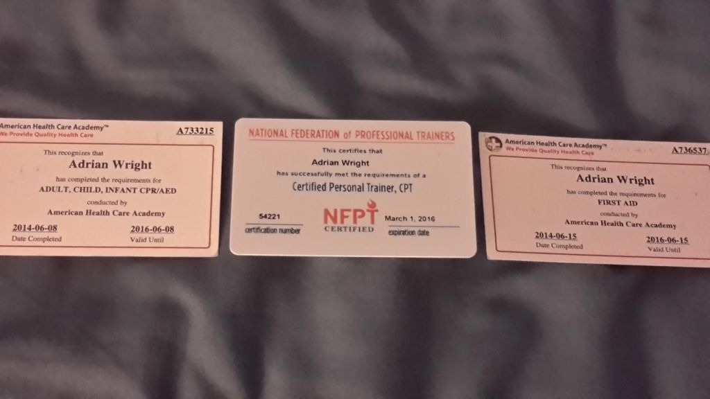 My Personal Trainer, and CPR / AED, First Aid cert