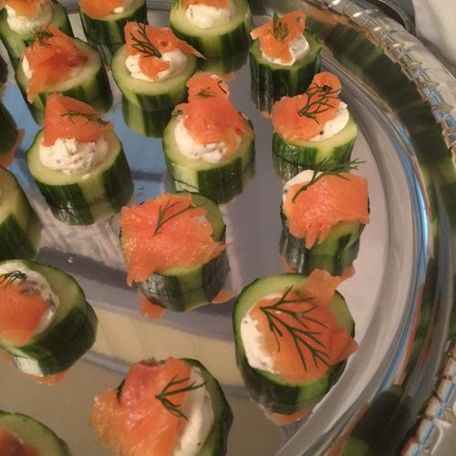 Cucumber, smoked salmon and creme fraiche hors d'o