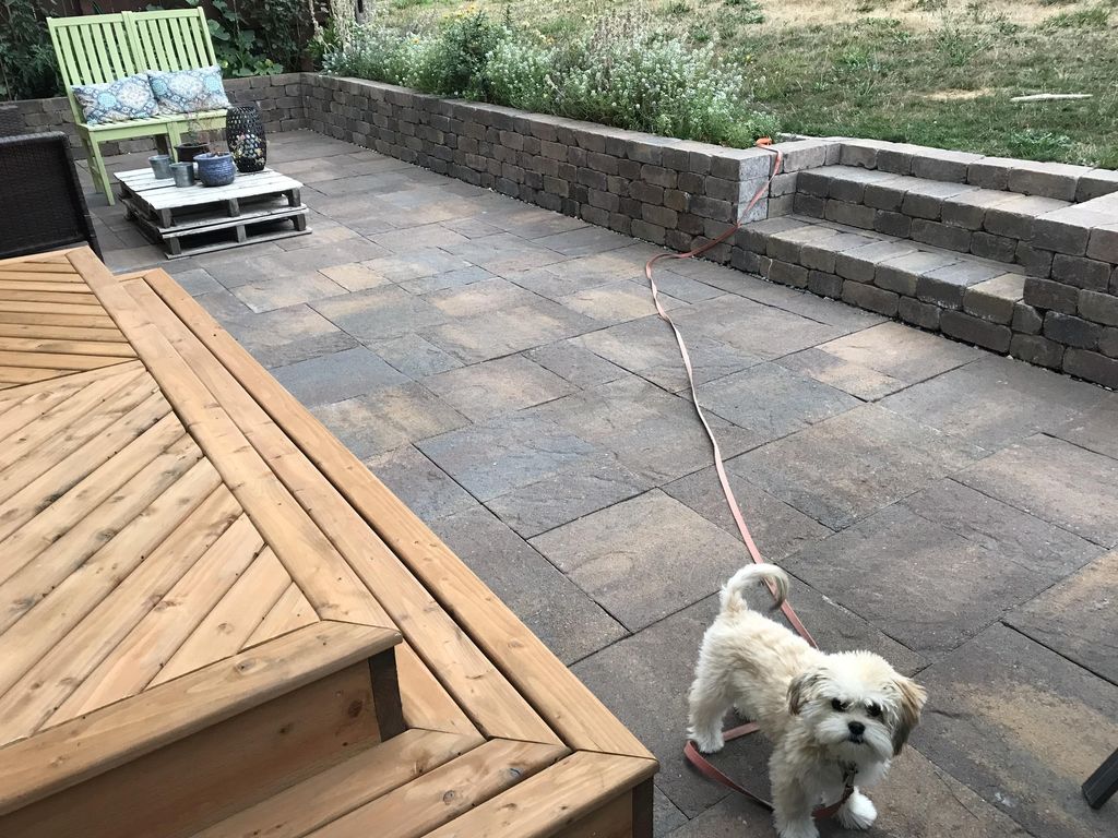 Backyard paver patio surrounded by a garden retain