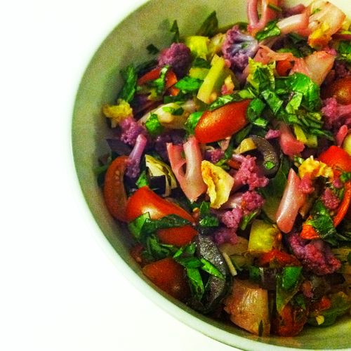 Vibrant rainbow salad made with steamed brussels s