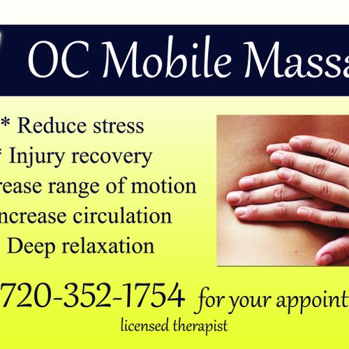 Mobile Massage Therapy:
- Deep Tissue
- Swedish
- 