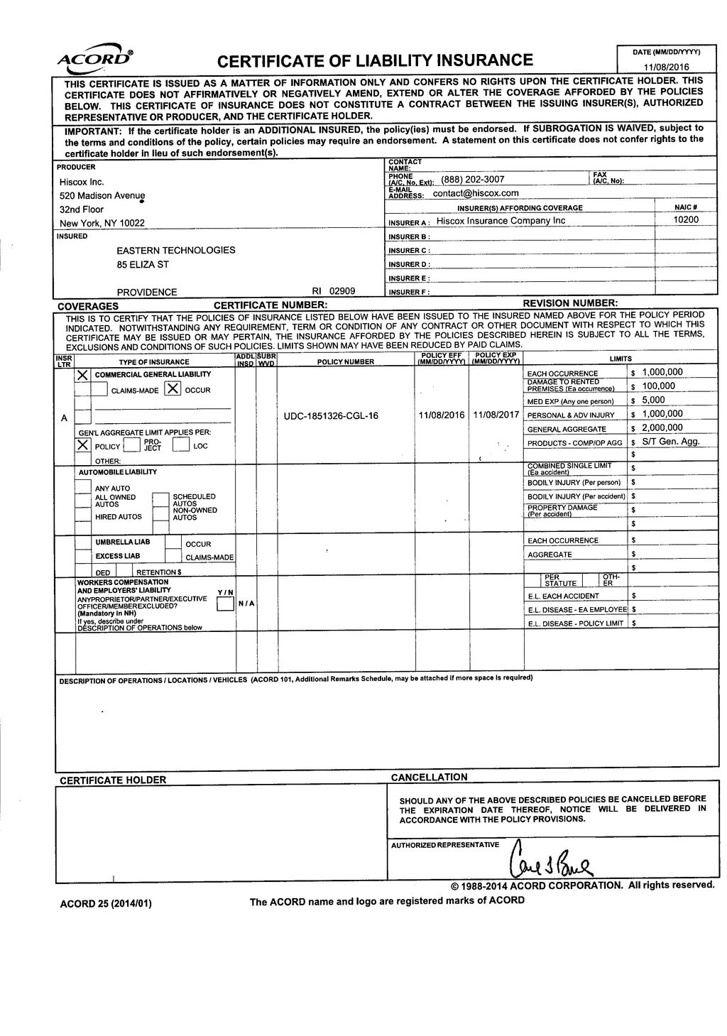 This is a current copy of my Liability insurance (