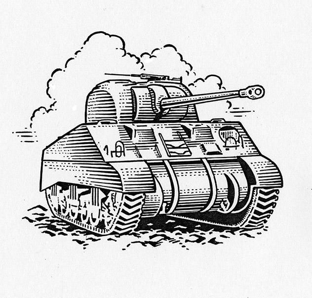 Tank B&W engraving-style illustration