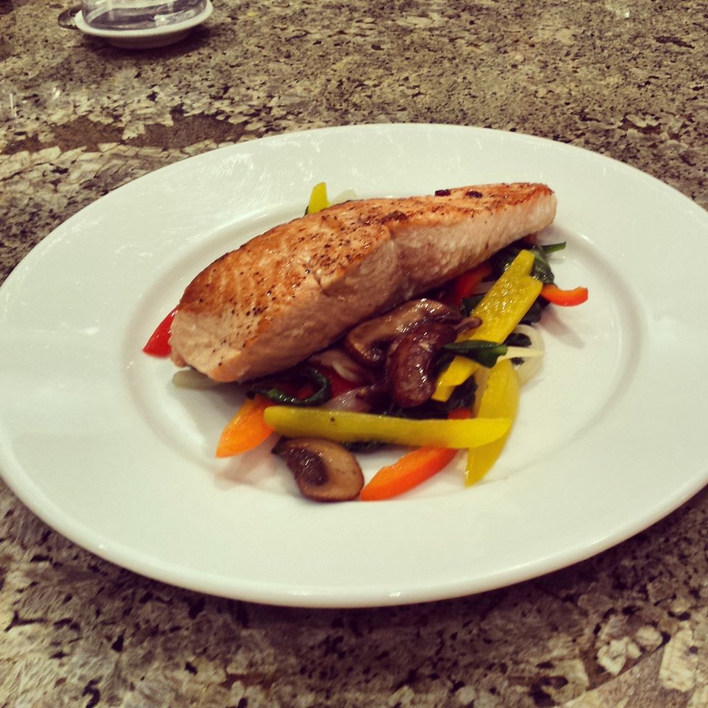 Pan seared salmon with mojo veggies and cilantro c