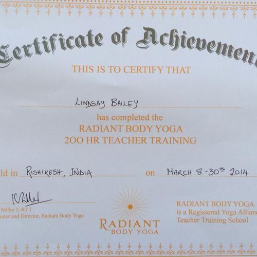Trained in Rishikesh, India. Yoga Alliance Certifi