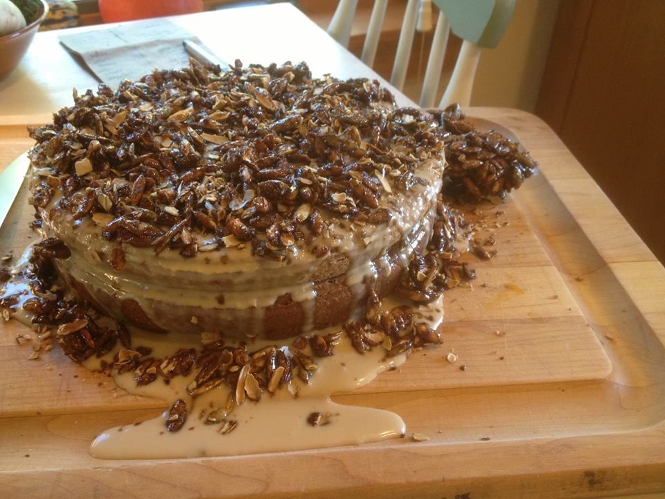 carrot cake with bourbon creme anglaise, candied w