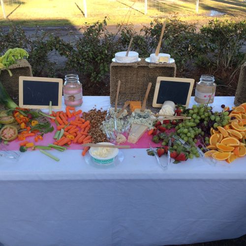 Fruit and veggie display for rustic wedding