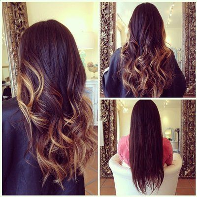 Ombre color, feather layers with a wand curl