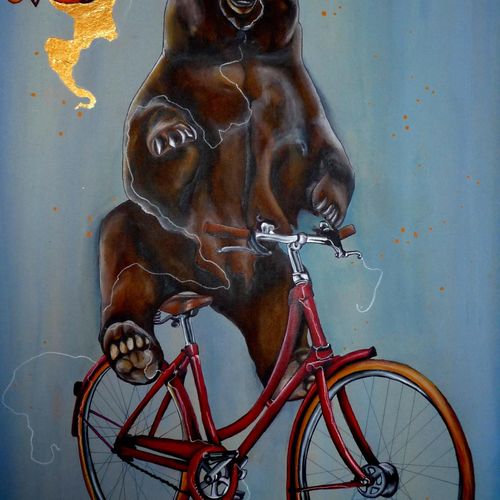 Brown Bear Bicycling Acrylic, pencil, gold leaf on