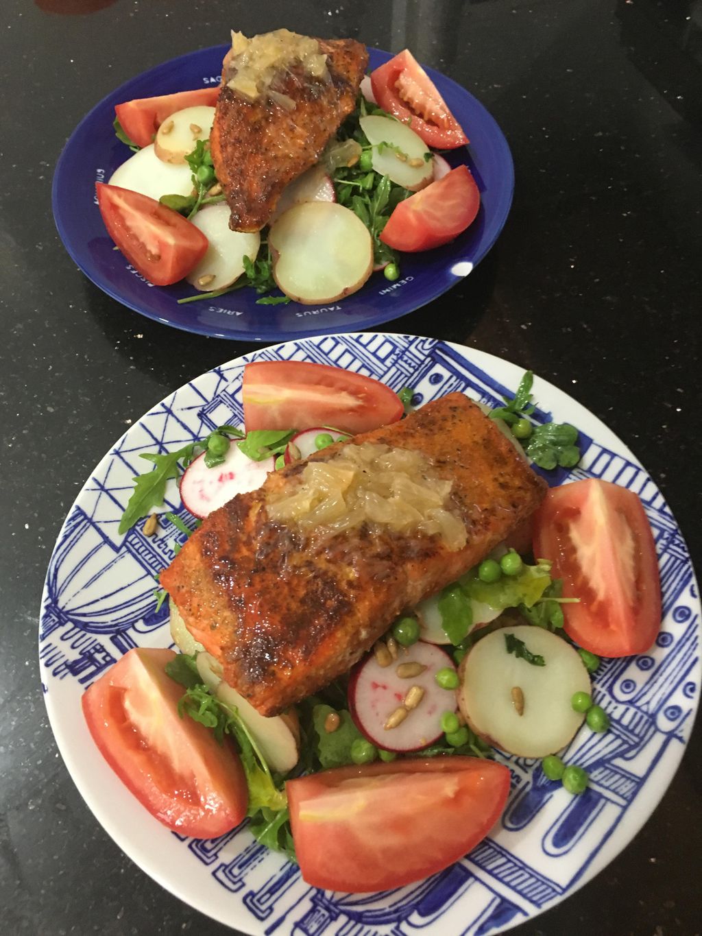 Sautéed Salmon Salad with English Peas, Arugula an