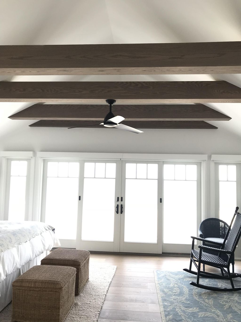 Balcony Doors w/ White Oak Beams Master Bedroom