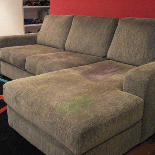 Before Sofa, green and red stains