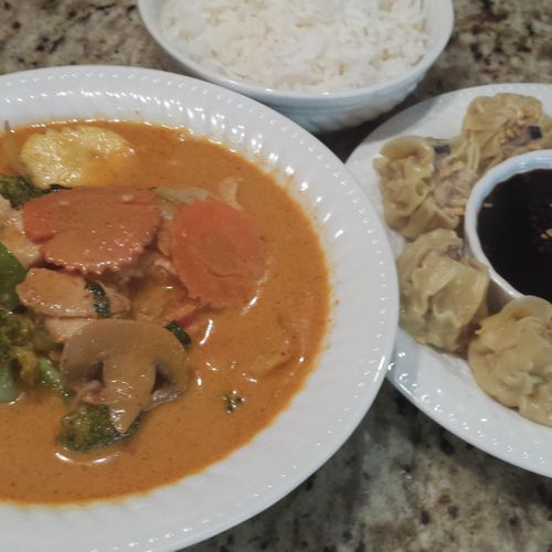 Thai Curry Chicken with Dumplings and Plum Sauce