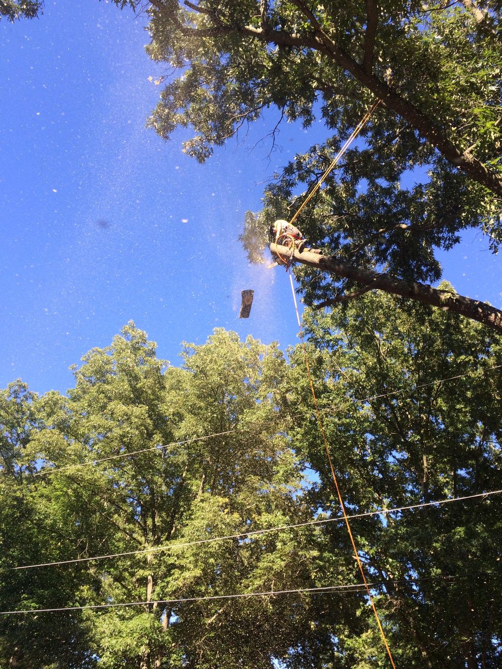 Climber taking pieces off over power lines 