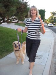 Happy Marjie walking her dog instead of taking her