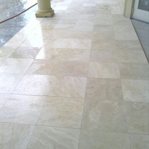 Back porch with travertine tiles