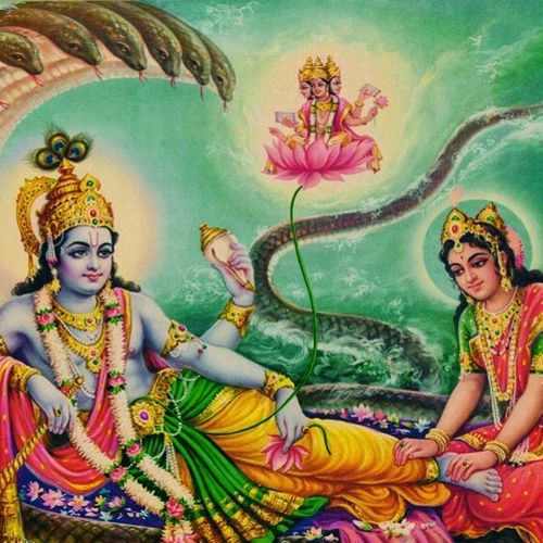 Lakshmi doing reflexology on Vishnu's feet