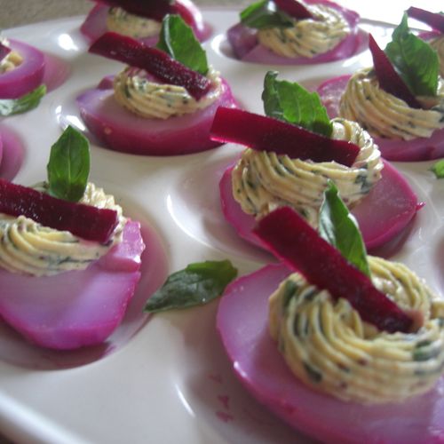 Beet-dyed Deviled Eggs with Herbs and Pickled Beet