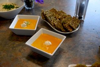 Fresh Carrot Soup and Creme! Kale Crackers