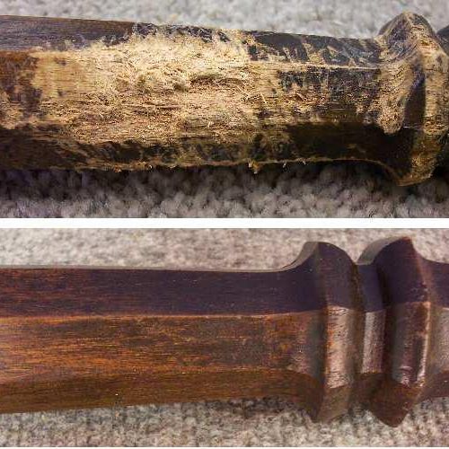 Dog chewed furniture leg before and after