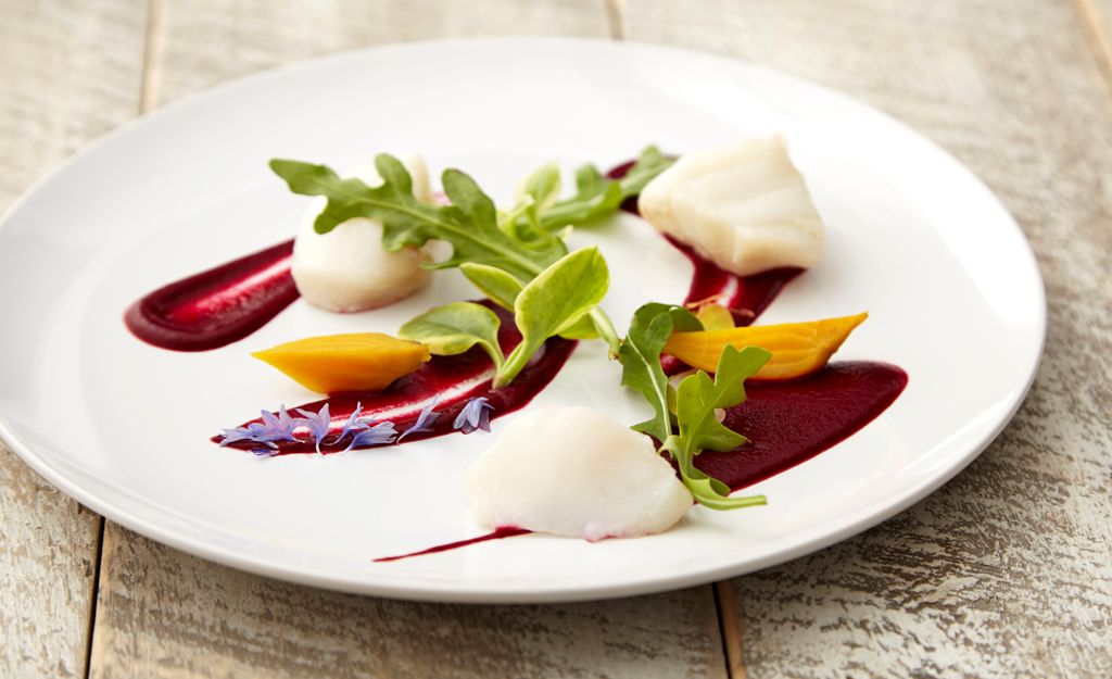 Poached Skrei Norwegian Cod, Red Beet Puree, Yello