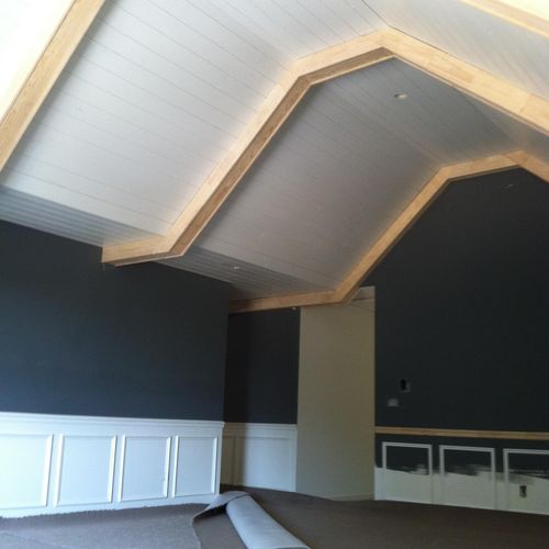 tongue and groove ceiling with fake beams