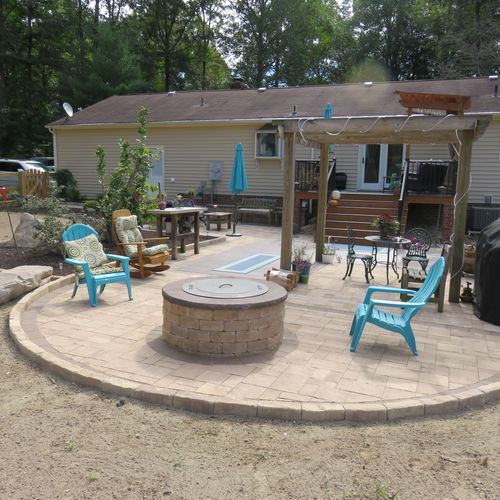 Fire pit with paver patio, planting area, boulders