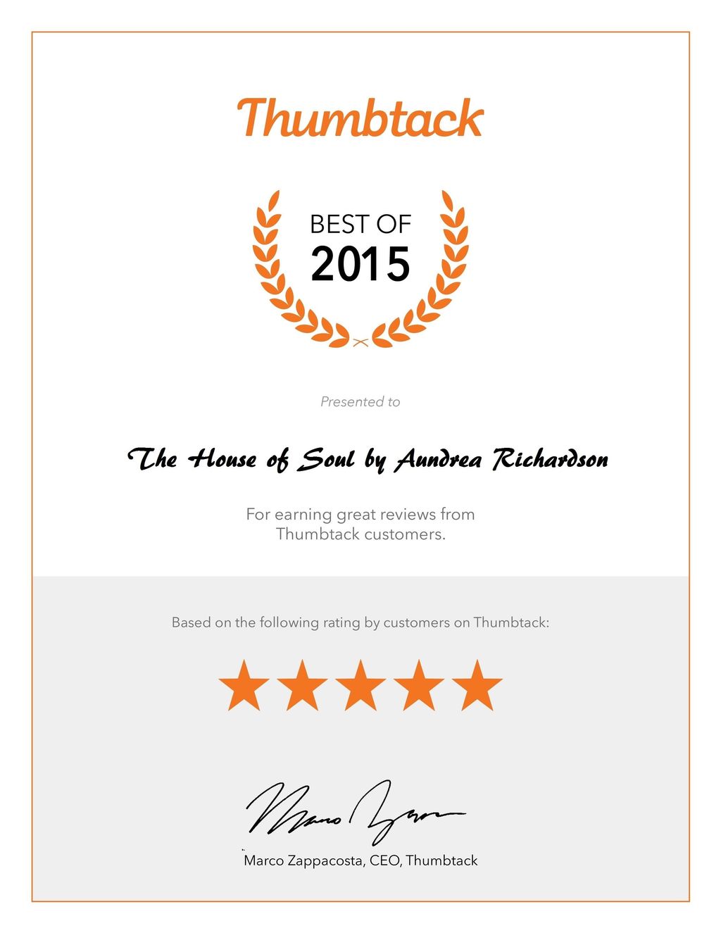 Received the Best of 2015 Award from Thumbtack.com