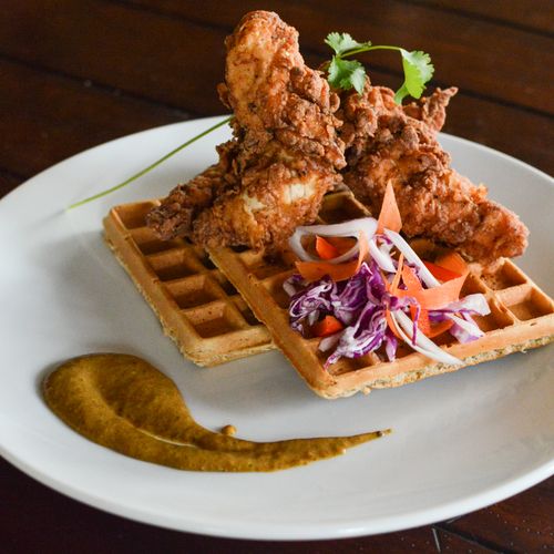 Chicken and Waffles with Coleslaw and Maple-Honey 