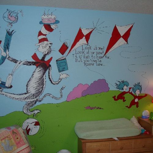 Dr. Seuss wall to wall storybook mural painted in 