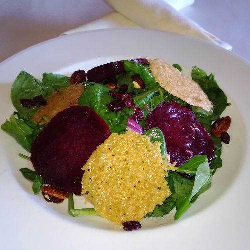 Roasted Beet Salad W/ Parmesan Chips, Candied Peca