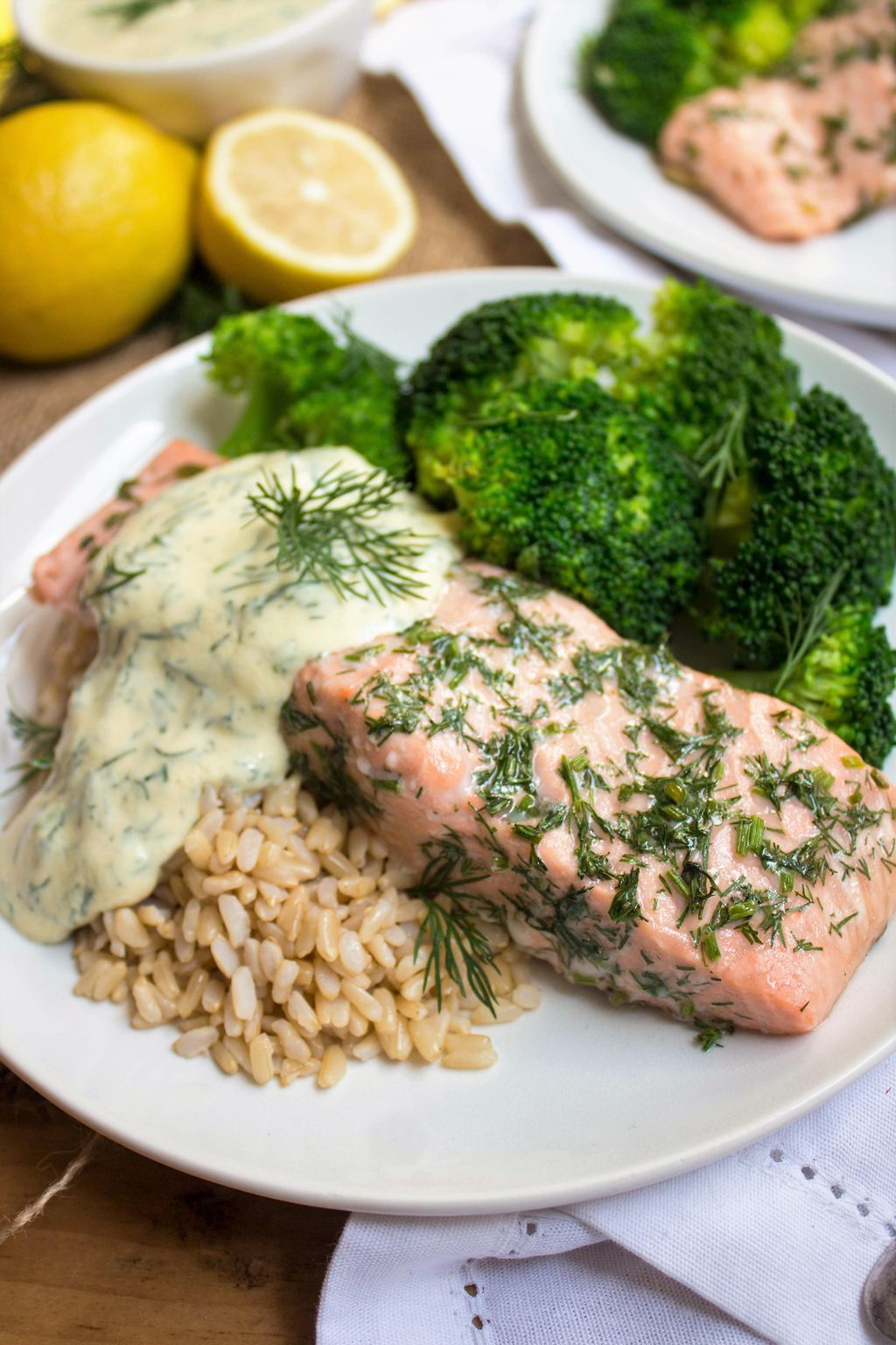 Salmon with Lemon Mustard Dill Sauce, Brown Rice, 
